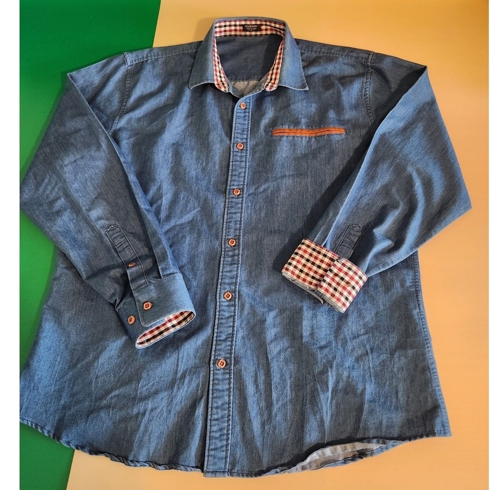 COOFANDY Button Down Shirt Mens L Blue Denim Look Plaid Contrast Long Sleeve